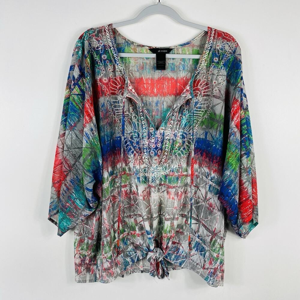 Ali Miles Top 1X Abstract Beaded Embellished Tie Front Dolman Sleeve